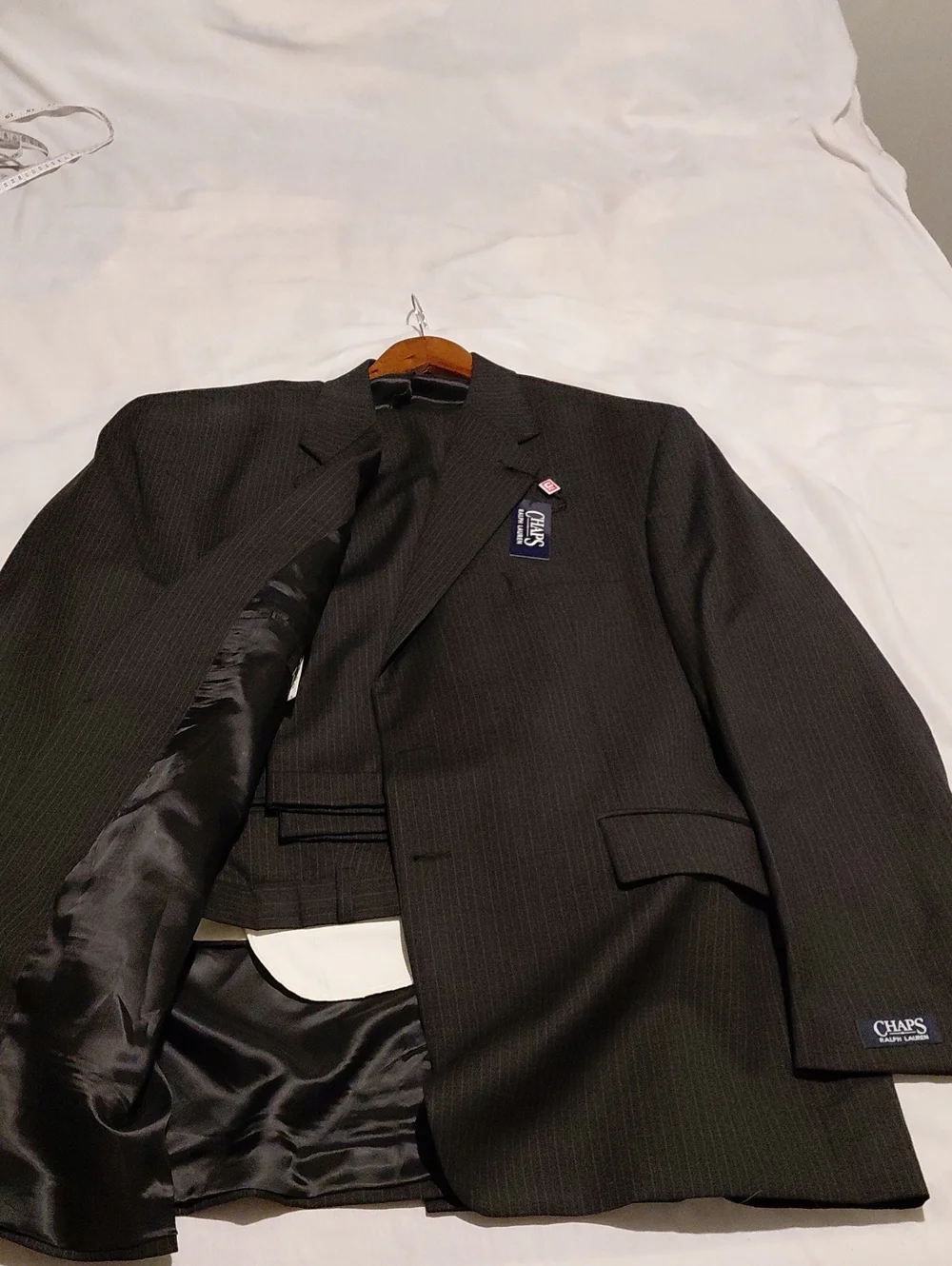 Chaps Men's Charcoal Pinstriped Suit 48L 43W Trousers Wool/Cashmere Blend NWT